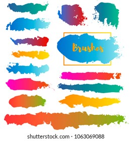 color brush strokes set background. Paint line gradient grunge collection. Set of grungy hand painted brush strokes isolated on white. Abstract ink texture, design elements borders or frames.