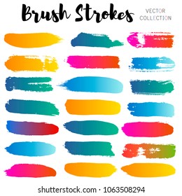 color brush strokes set background. Paint line gradient grunge collection. Set of grungy hand painted brush strokes isolated on white. Abstract ink texture, design elements borders or frames.
