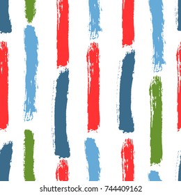 Color brushstrokes of watercolor brush. Seamless pattern with vertical stripes. Sketch, grunge, watercolour. Vector illustration. White, blue, green, red colour.