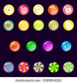 Color bubbles or balls for shooting or mach3 game, fruits balls, candy balls. Vector Glossy circle buttons