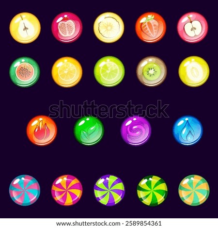 Color bubbles or balls for shooting or mach3 game, fruits balls, candy balls. Vector Glossy circle buttons