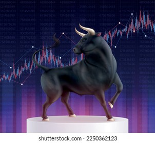 Color bull realistic composition with realistic image of bull on pedestal in front of stocks graph vector illustration