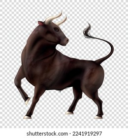 Color bull realistic composition with isolated image of animal with tail and horns on transparent background vector illustration