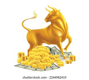 Color bull realistic composition with isolated view of golden bull standing on coins and banknotes pile vector illustration