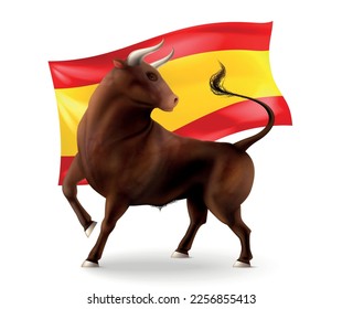 Color bull realistic composition with isolated view of horned animal in front of spanish national flag vector illustration