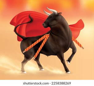 Color bull realistic composition with outdoor scenery and running bull with red cloth and sandy trails vector illustration