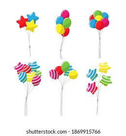 Color bunch rubber flying cartoon balloons set with string. Collection cute and decorative balloons with stripe and shadow vector illustration