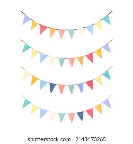 Color Bunting Set For Party. Party Garlands Collection. Birthday Elements Decoration. Vector Isolated On White