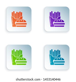 Color Burger and french fries in carton package box icon on white background. Hamburger, burger, cheeseburger sandwich. Fast food menu. Set icons in colorful square buttons. Vector Illustration
