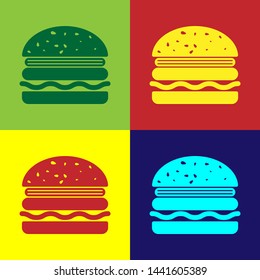 Color Burger icon isolated on color backgrounds. Hamburger icon. Cheeseburger sandwich sign. Vector Illustration
