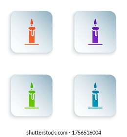 Color Burning candle in candlestick icon isolated on white background. Cylindrical candle stick with burning flame. Set colorful icons in square buttons. Vector Illustration