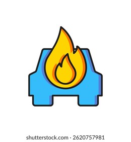 Color Burning car icon isolated on white background. Car on fire. Broken auto covered with fire and smoke. Flat filled outline style with shadow. Vector