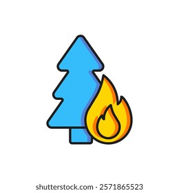 Color Burning forest trees in fire flames icon isolated on white background. Natural disaster concept. Flat filled outline style with shadow. Vector