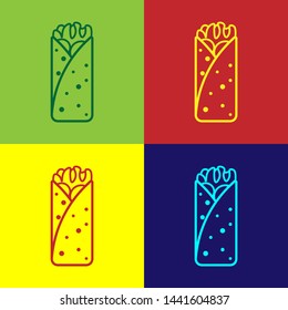 Color Burrito icon isolated on color backgrounds. Traditional mexican fast food. Vector Illustration