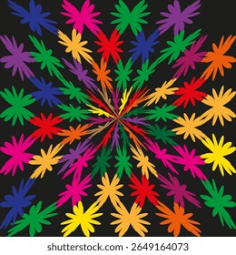 Color burst star. Leaf spike Vector. Rainbow radial art. Black backdrop graphic.