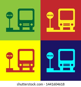 Color Bus stop icon isolated on color background. Transportation concept. Bus tour transport sign. Tourism or public vehicle symbol.  Vector Illustration