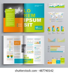 Color business brochure template design with green, blue and orange square elements. Cover layout and infographics