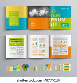 Color business brochure template design with green, blue and orange square elements. Cover layout and infographics