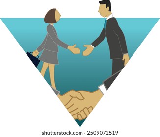 Color business icon of caucasian man and woman shaking hands. Contained within inverted turquoise triangle with closeup of handshake at bottom.