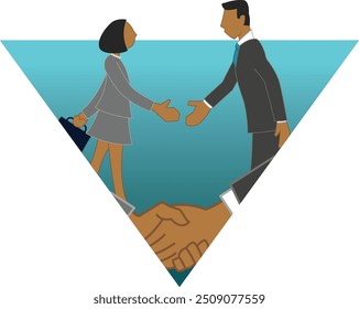 Color business icon of Hispanic man and woman shaking hands. Contained within inverted turquoise triangle with closeup of handshake at bottom.