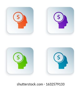 Color Business man planning mind icon isolated on white background. Human head with dollar. Idea to earn money. Business investment growth. Set icons in square buttons. Vector Illustration