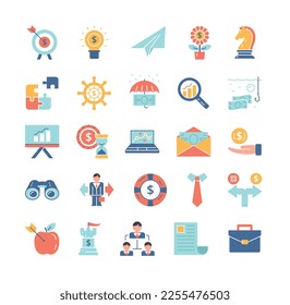 Color business strategy icons set. Collection of graphic elements. Planning and setting goals, organizing effective workflow, management. Motivation and leadership. Cartoon flat vector illustration
