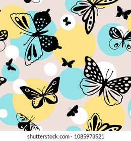 Color butterflies pattern. Polka dot and butterfly flight bright color fashion seamless pattern, vector illustration