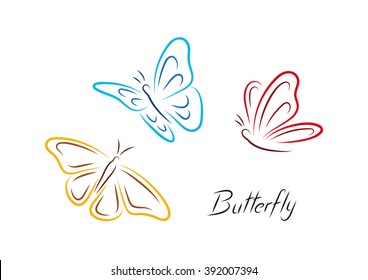 Color Butterfly. Three colored isolated hand drawn simple butterflies.