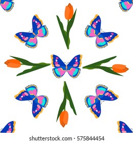 Color Butterfly Vector Pattern, Orange Tulip Seamless