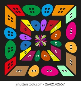 Color button icon. Sewing detail vector. Bright clothing shapes. Black background pattern.
