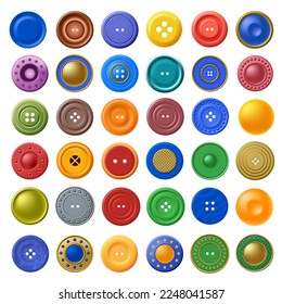 Color buttons for clothes. Realistic plastic fastener, sewing button and tailor clothing accessory vector set. Colorful dressmaking element for modern and antique outfit, casual garment