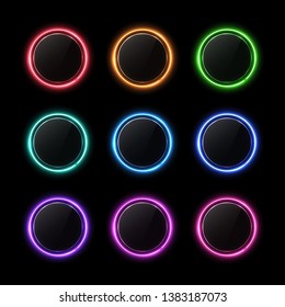 Color buttons set. Neon circle with light effect. Glossy glass texture banner with glare on black background. Round glowing sign for web interface infographic internet site report. Vector illustration