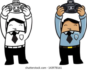 Color and BW cartoon man holding up radio - Vector clip art illustration on white