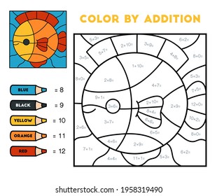 Color by addition, education game for children, Fish