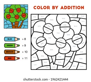 Color by addition, education game for children, Apple tree