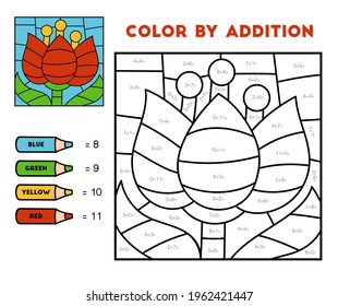 Color by addition, education game for children, Flower