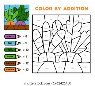 Color by addition, education game for children, Carrot and beet in the garden