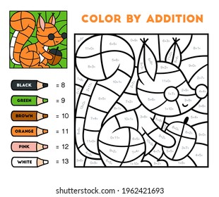 Color by addition, education game for children, Squirrel