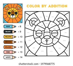 Color by addition, education game for children, Lion