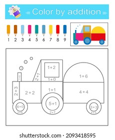 Color by addition. Math activity for kids. Developing numeracy skills. Number range up to 10. 