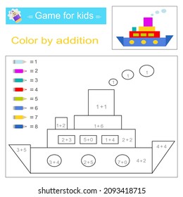 Color by addition. Math activity for kids. Developing numeracy skills. Number range up to 10. 