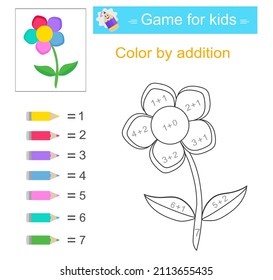 Color by addition. Math activity for kids. Developing numeracy skills. Number range up to 10. 