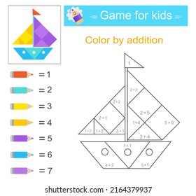 Color by addition. Math activity for kids. Developing numeracy skills. Number range up to 10.