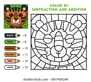 Color by addition and subtraction, education game for children, Tiger