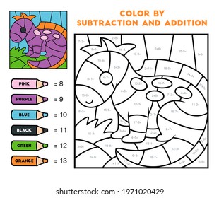 Color by addition and subtraction, education game for children, Dinosaur