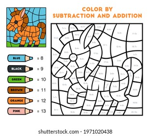 Color by addition and subtraction, education game for children, Horse