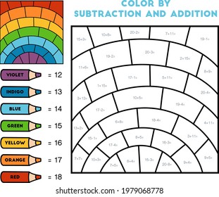 Color by addition and subtraction, education game for children, Rainbow