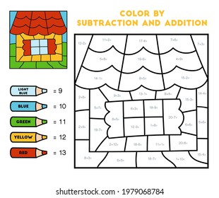 Color by addition and subtraction, education game for children, House