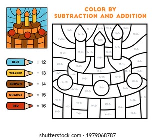 Color by addition and subtraction, education game for children, Birthday cake