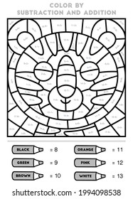 Color by addition and subtraction, education game for children, Tiger